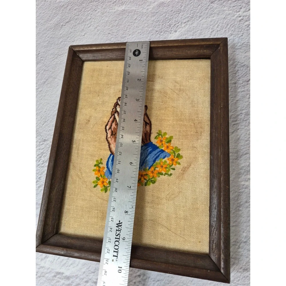 Vintage Praying Hands Hand Embroidered Burlap Wall Art Dark Wood Frame Religious